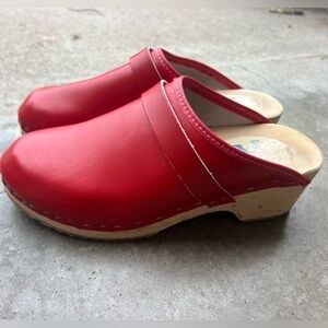 Dala Clogs Wood Red Leather Mules Sweden Women’s